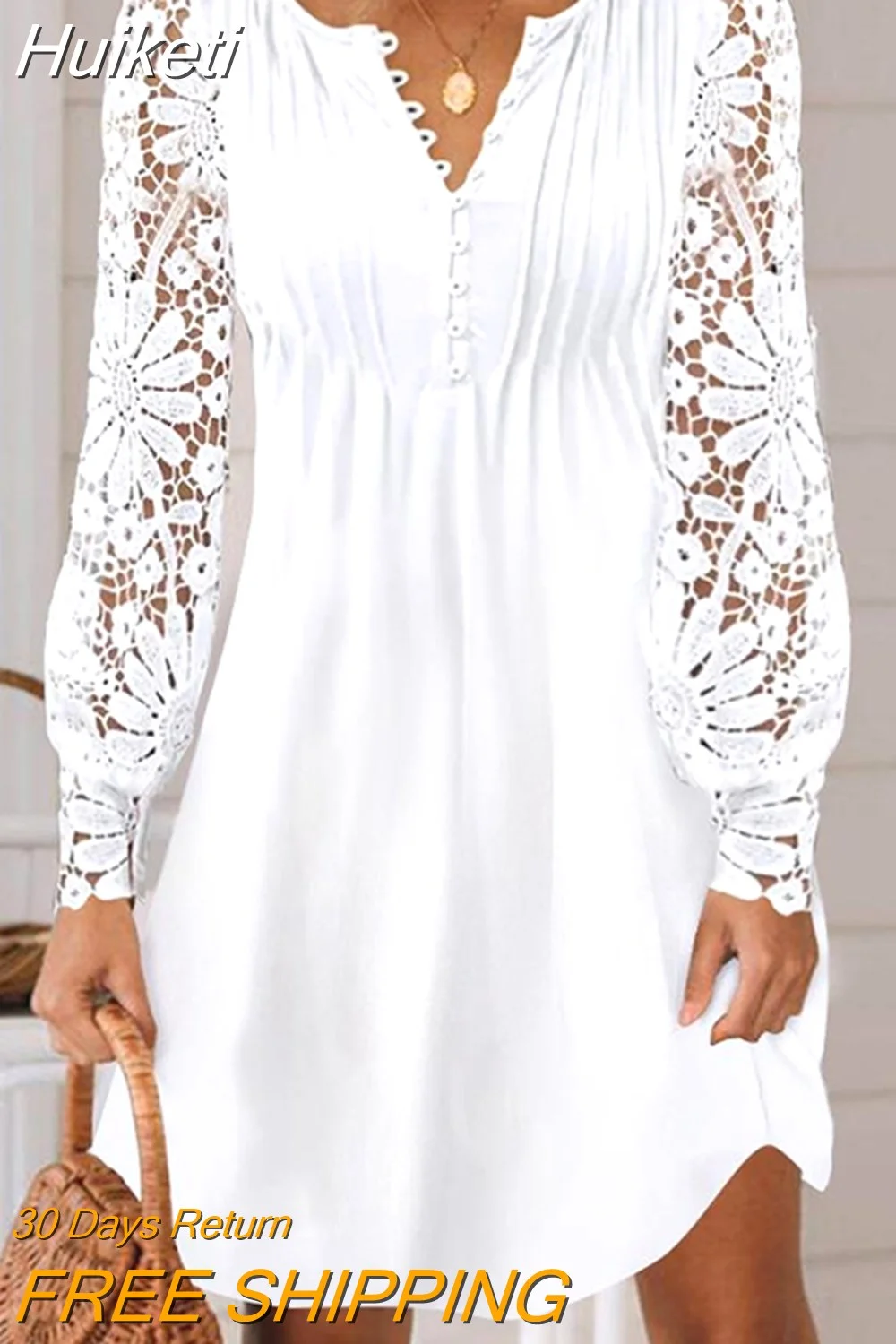 Huiketi Mini Dress Women White Elegant Dress Female Lace Hollow Out Long Sleeve Dress Ladies Fashion Casual O Neck Button Dress