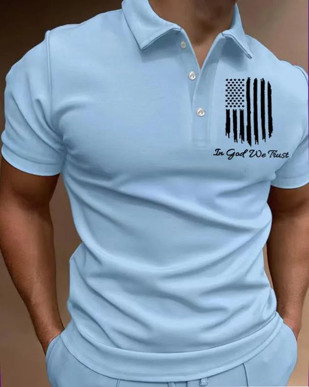 Men's Casual Flag Printed Short Sleeved Polo Shirt at Hiphopee