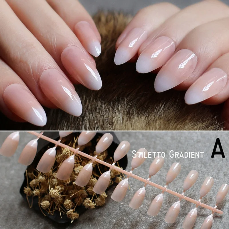 French gradient stiletto Natural nails coffin Nude medium short Square fake nails red black oval False nails Ballerina