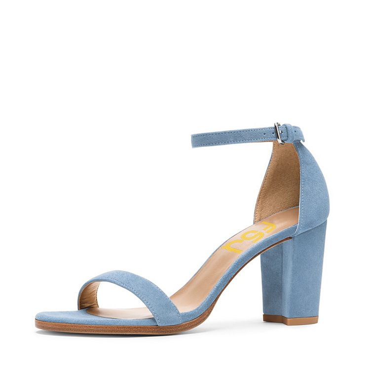 Light Blue Suede Ankle Strap Sandals Open Toe Chunky Heel Sandals |FSJ Shoes