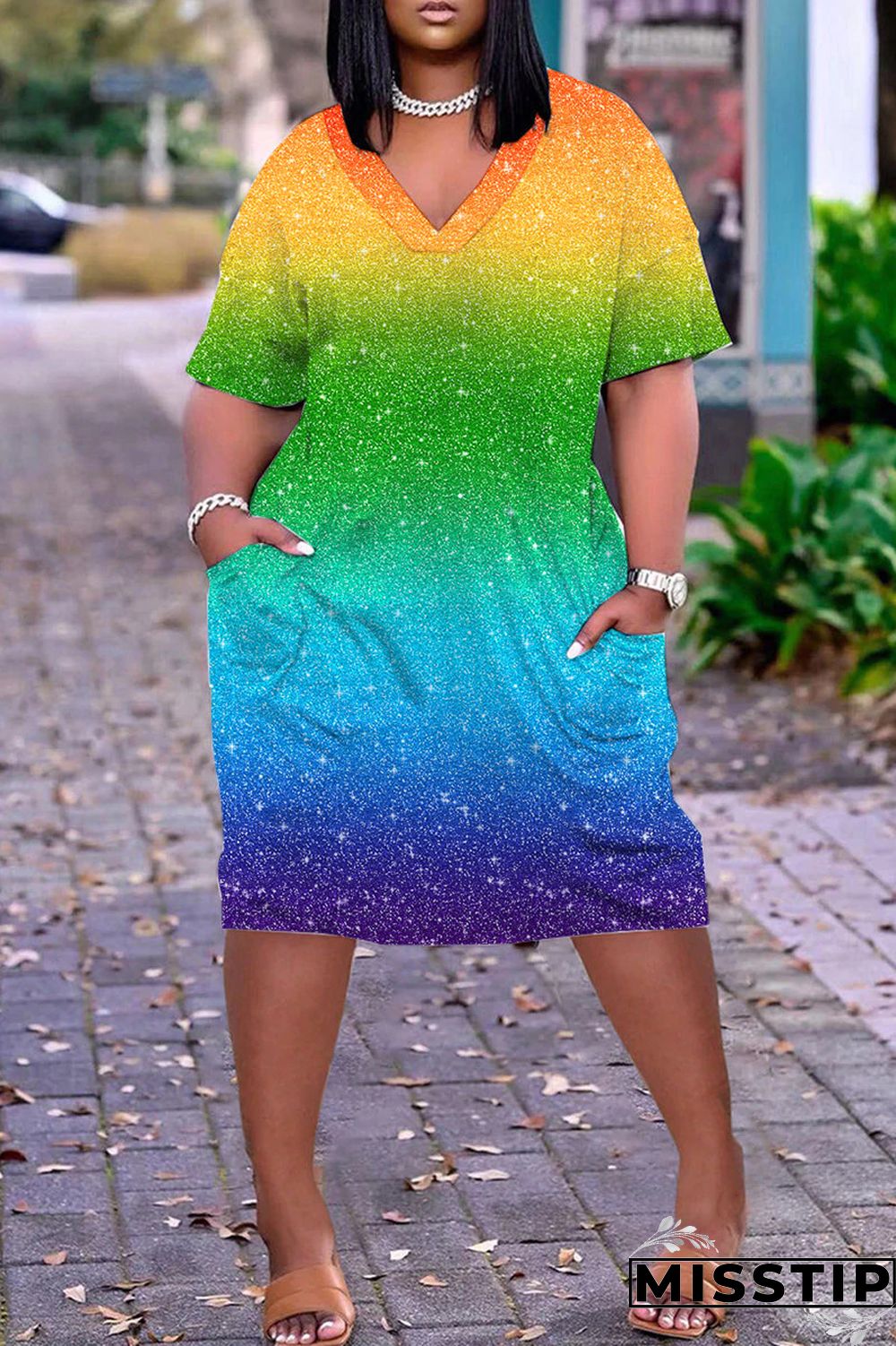Navy Blue Casual Print Patchwork V Neck Short Sleeve Dress
