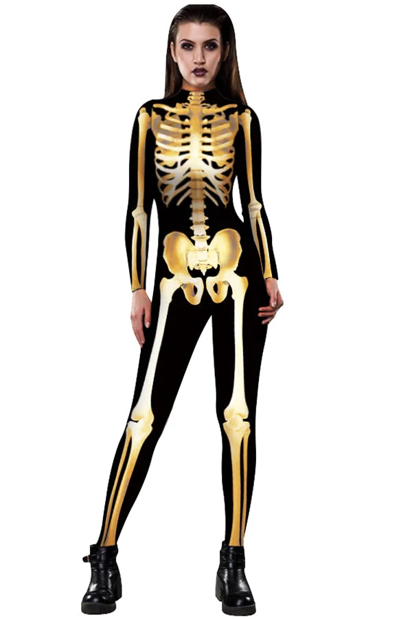 Women Halloween Costumes Skull Printed Jumpsuit Gold-elleschic
