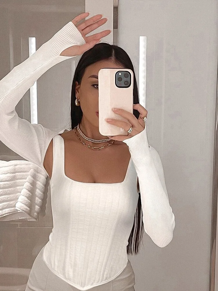 WannaThis Knitted Women T Shirts Hollow Out Two Piece Set With Smock Tank Fall Long Sleeve Slim Sexy Casual White Crop Tops 2021