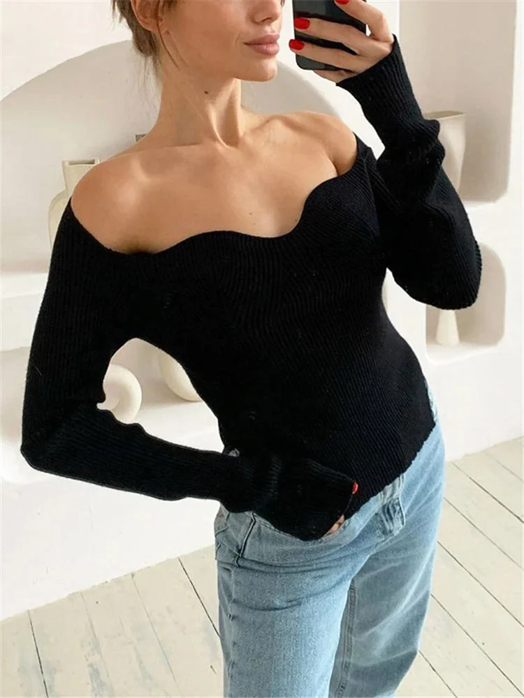 Huiketi Long Sleeve Sweater 2024 Autumn Women Knit Ribbed Top Ladies Casual Knitted Tops Pullover Off-Shoulder Knitwear Black