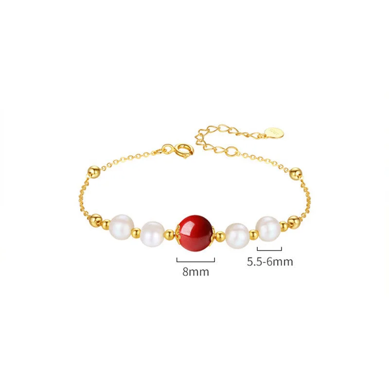 925 Sterling Silver Pearl Cinnabar Healing Bead Chain Bracelet