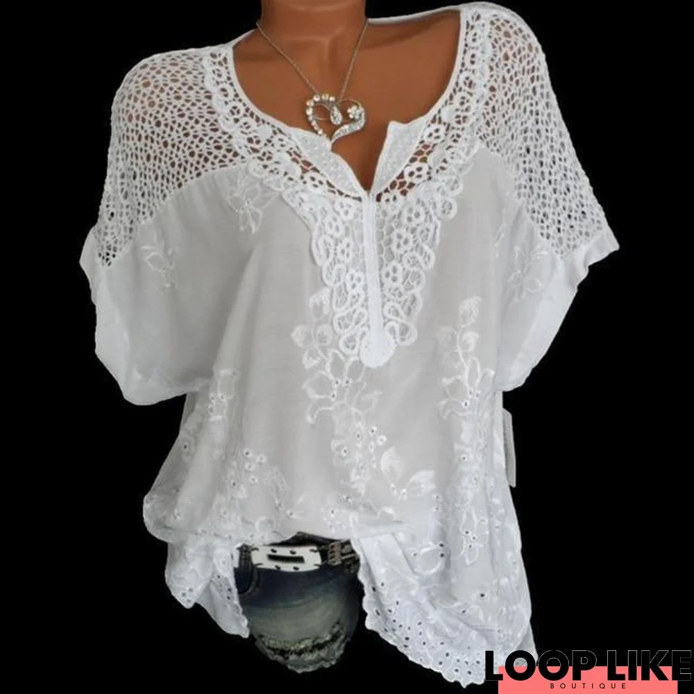 Large Size Women Short-Sleeved Blouse V-Neck Bat Sleeve Lace Blouse Tops