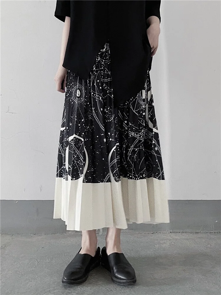 Elegant Contrast Color Tarot Plate Printed Pleated Skirt       