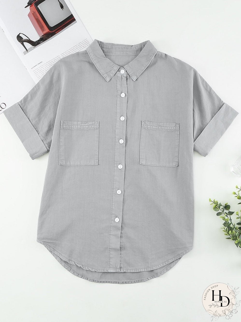 Chic Boyfriend Style Denim Shirt with Short Sleeves