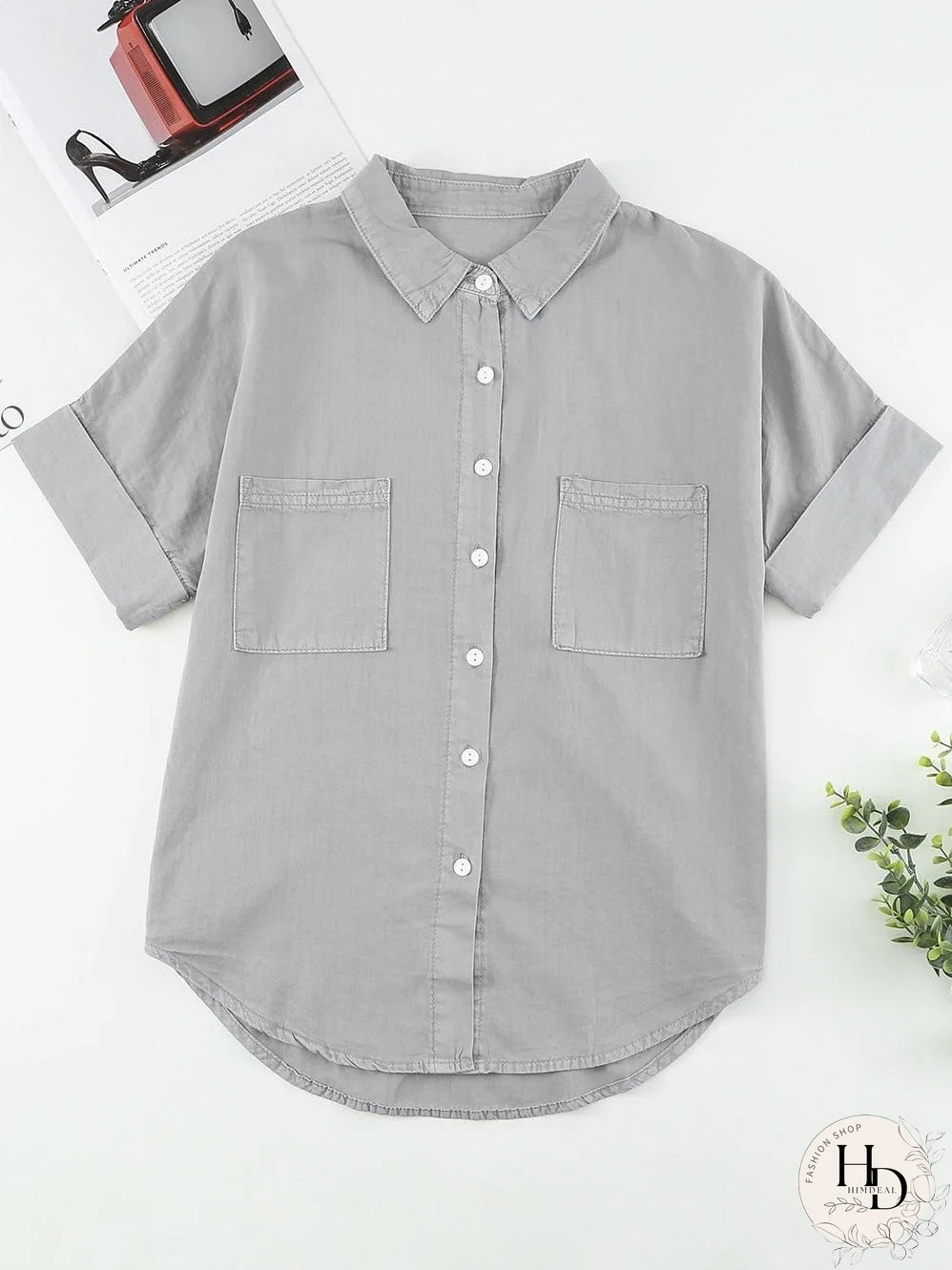 Chic Boyfriend Style Denim Shirt with Short Sleeves