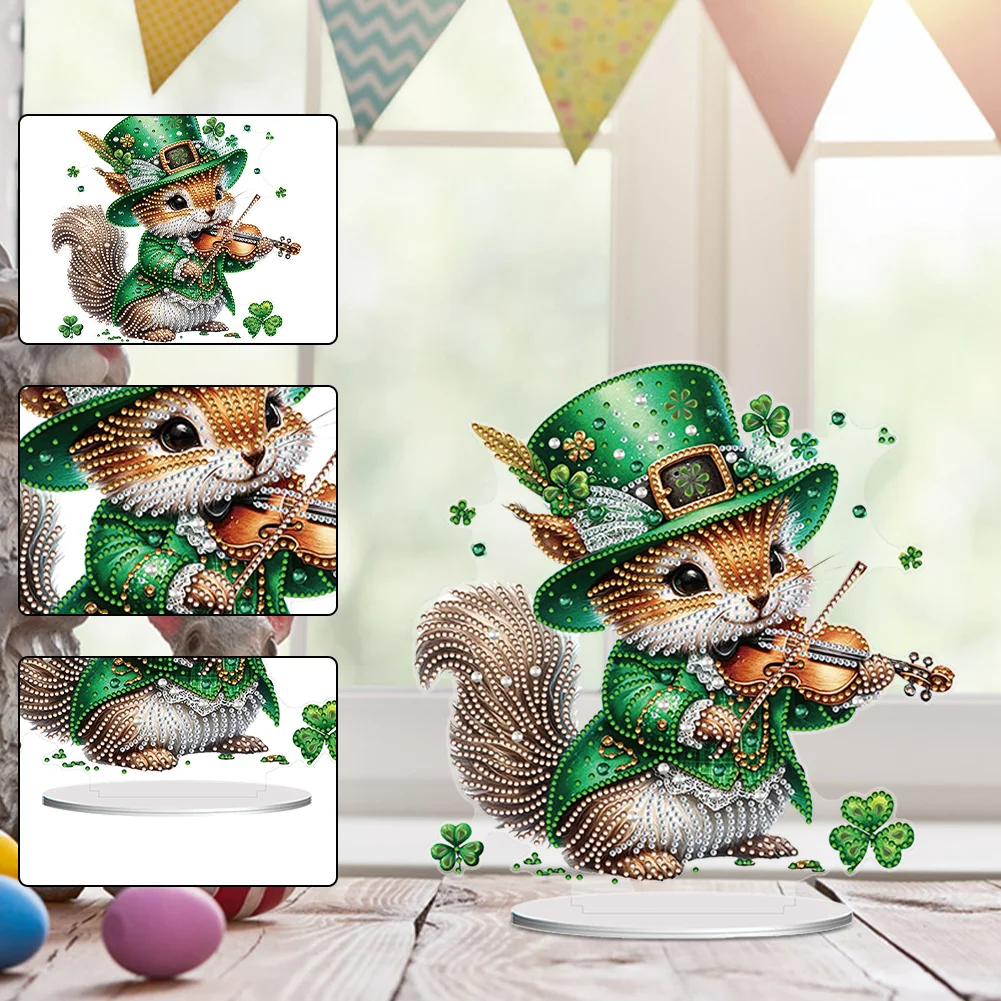 DIY Acrylic St. Patricks Day Squirrel Special Shape Diamond Painting Tabletop Ornament Creative Home Decor & Gift Idea for Adults - Relaxing Craft Activity