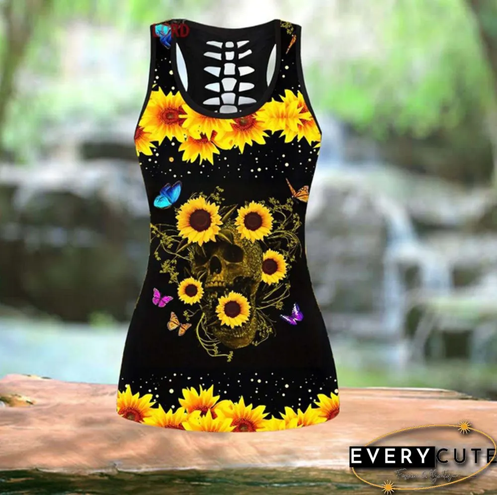 Womens Fashion Sunflowers Print Sports Tops Yoga Pants Leggings Fitness Clothes Tight High