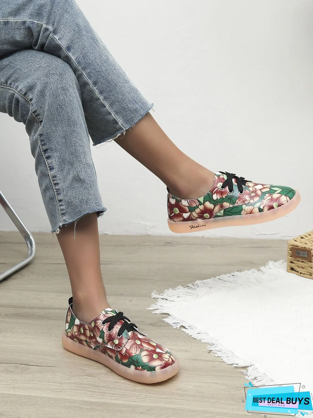 Floral Pattern  Lace-up Front Flat Shoes