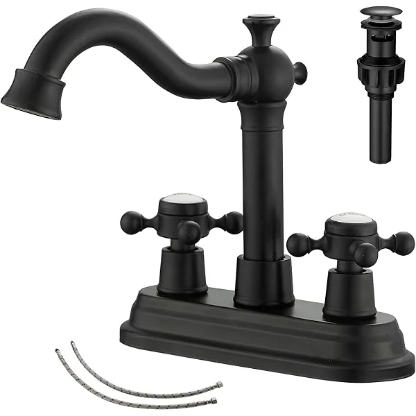 Bathroom Faucet Antique Brass 2 Handles 4 Inches Centerset RV Bathroom Vanity Faucet with Drain Assembly and Supply Hose Lavatory Faucet Mixer Double Handle Tap Metal Cover Antique Brass