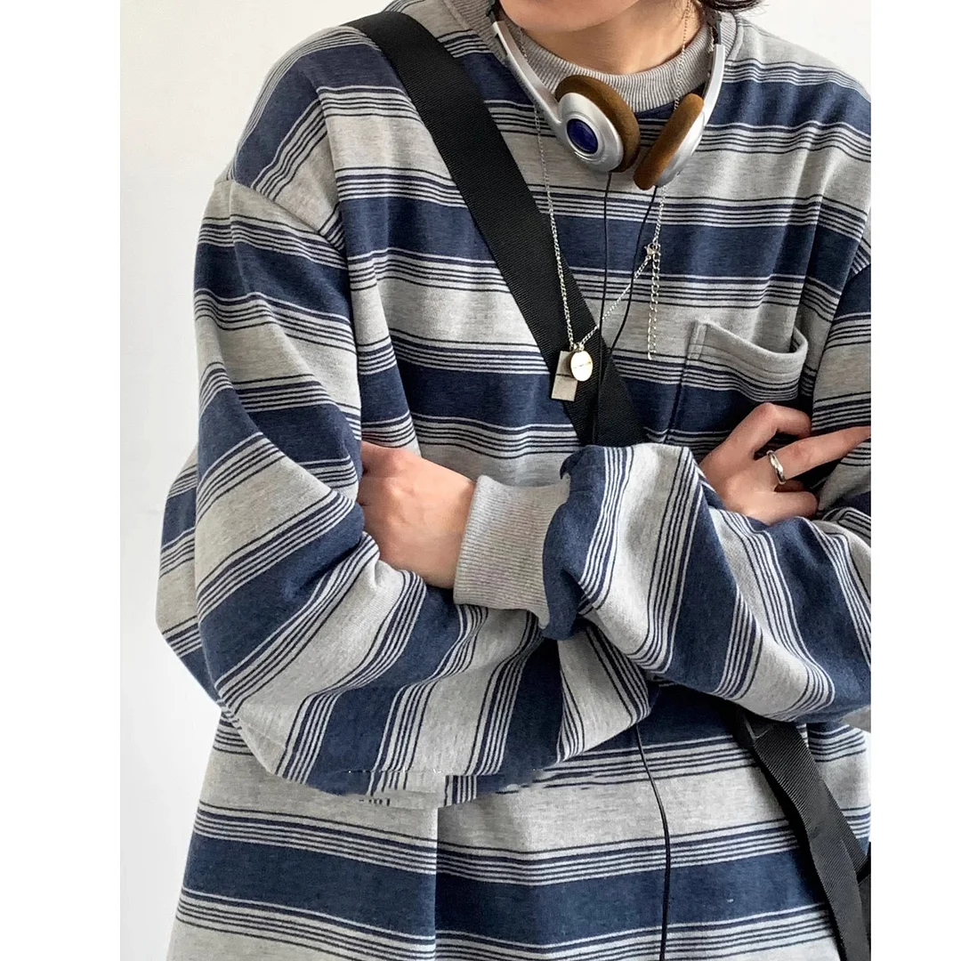 Zingj Zingj Do Old Long Sleeve Sea Soul Shirt Men And Women Spring And Autumn Lovers Round Collar Bottom Shirt Striped Overalls Hoodie Tide