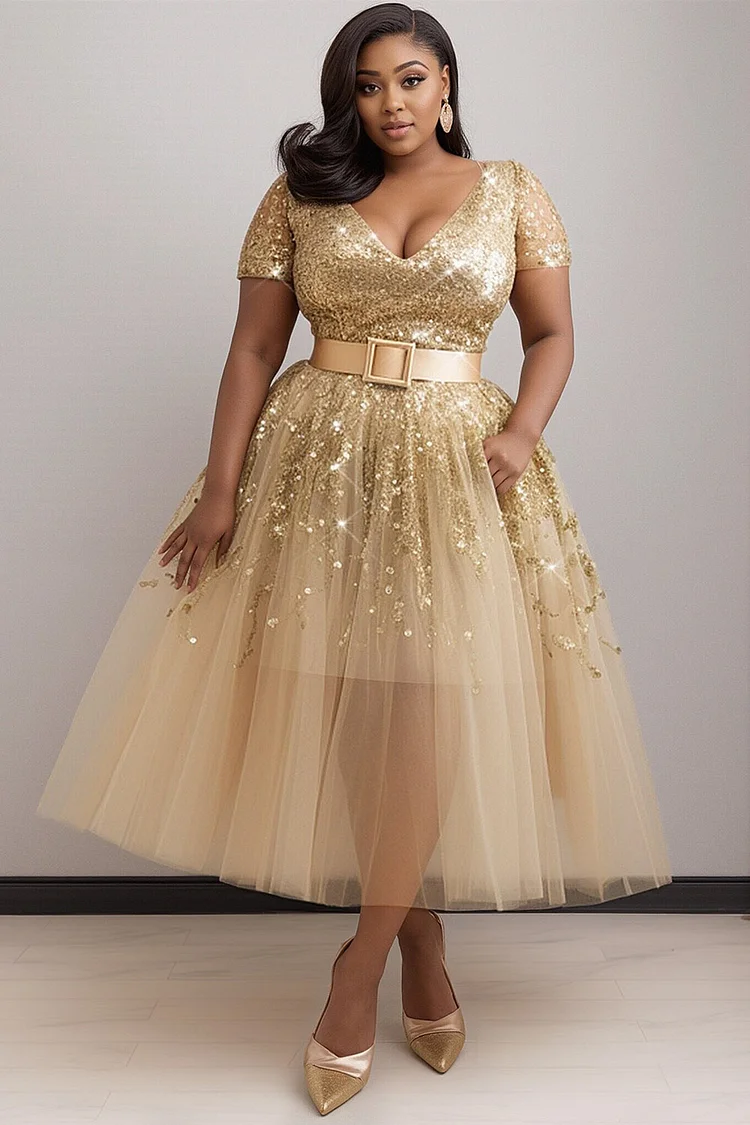 Xpluswear Design Plus Size Cocktail Party Champagne V Neck Short Sleeve Elegant Tulle Midi Dresses [Pre-Order] 2024 - Xpluswear