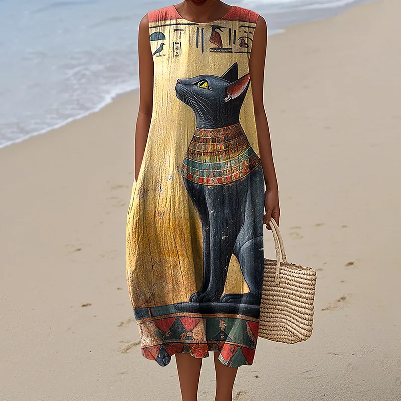 Women's Egyptian Buster Cat Print Sleeveless Dress