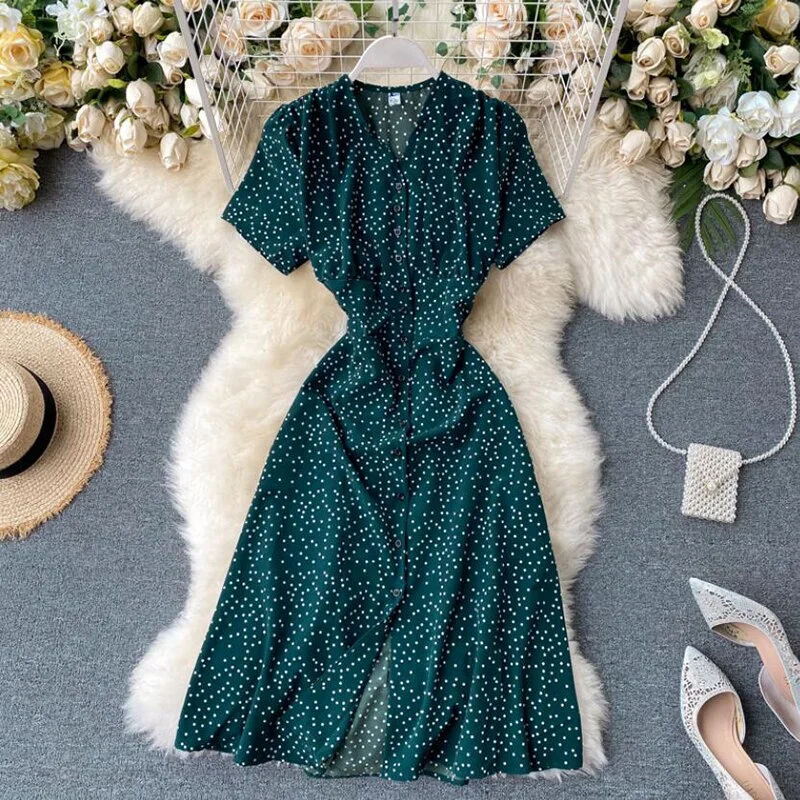 Vintage Polka dot print Chiffon Dress Women 2020 Summer V-neck Single-breasted Short sleeve Dresses Casual Vestidos Mujer