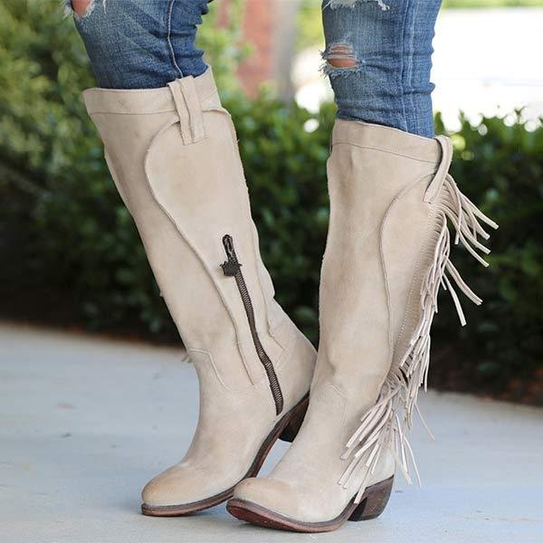 Women'S Round Toe Chunky Heel Fringe Boots 75389188C