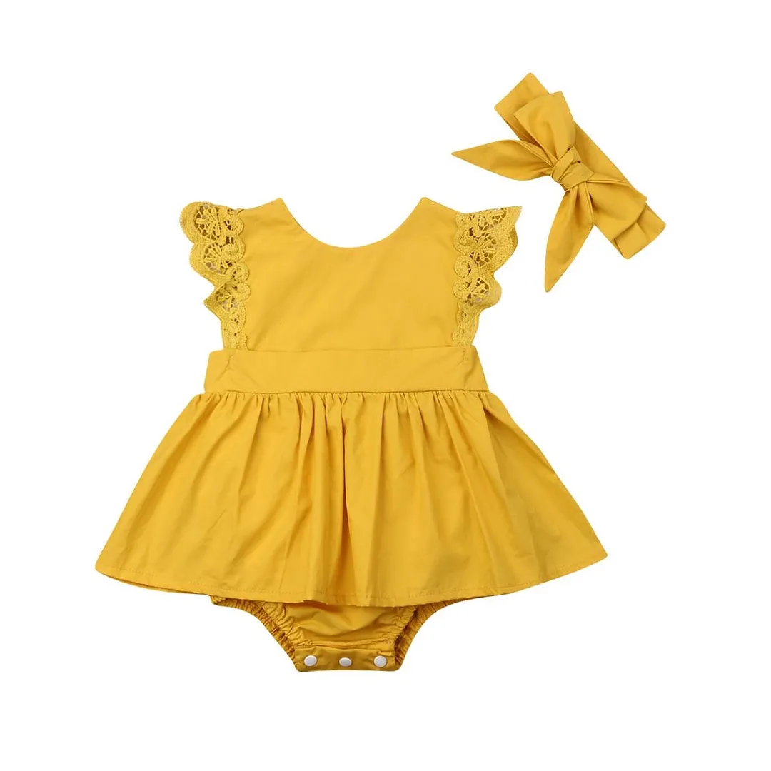 2019 Children Summer Clothing Infant Kid Baby Girl Lace 2pcs Bodysuit Headband Clothes Dress Solid Lace Sleeve Jumpsuits Clothes