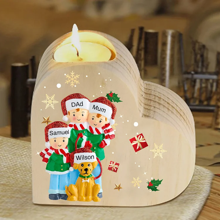 Navidad - Candelero de corazón de madera familia de 3 con perro muñecos personalizado con 4 nombres sin vela