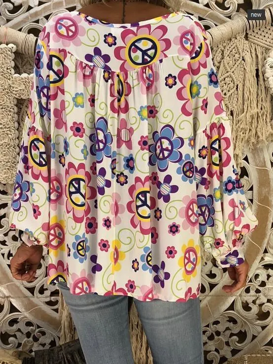 Women Loose Slim V-neck Print Puff Sleeve Long Sleeve T-shirt Tops