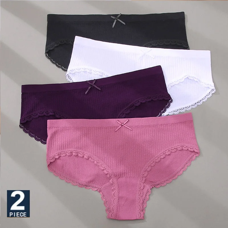 FINETOO 2PCS/Set M-2XL Women Seamless Sexy Panties Cute Bownot 6 Solid Color Girl Underwear Briefs Lingerie Underpant Lace Panty