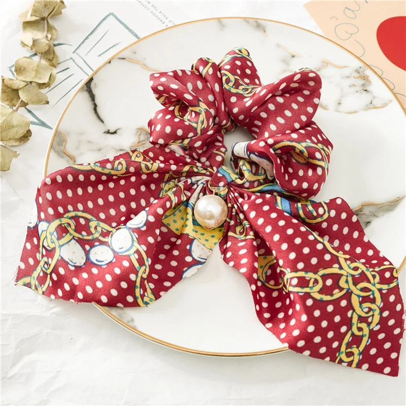 New Chiffon Bowknot Silk Hair Scrunchies Women Pearl Ponytail Holder Hair Tie Hair Rope Rubber Bands Headwear Hair Accessories