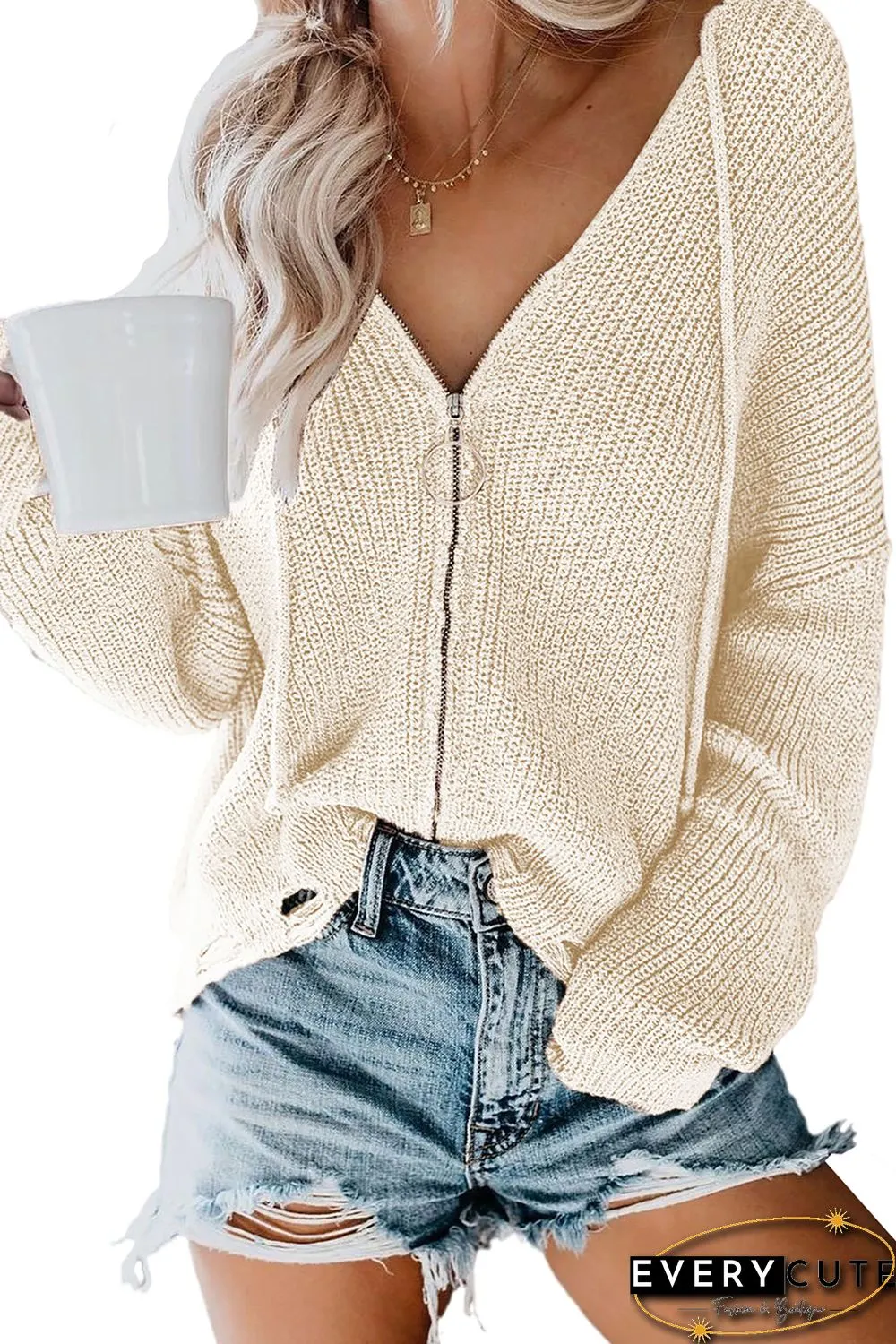 Zipper V-neck Dropped Sleeve Hooded Solid Sweater