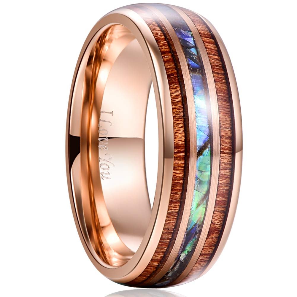 Mens Women Tungsten 4MM 6MM 8MM 10MM Hawaiian Koa Wood and Rose Gold+Abalone Shell Imitated Opal Inlay Ring Tungsten Carbide Rings Wedding Bands for Womens Men Comfort Fit