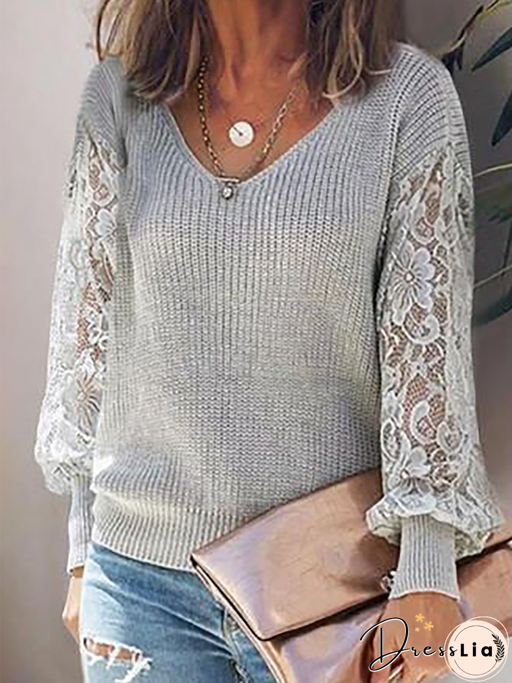 Plus size Casual Lace Long Sleeve Sweater