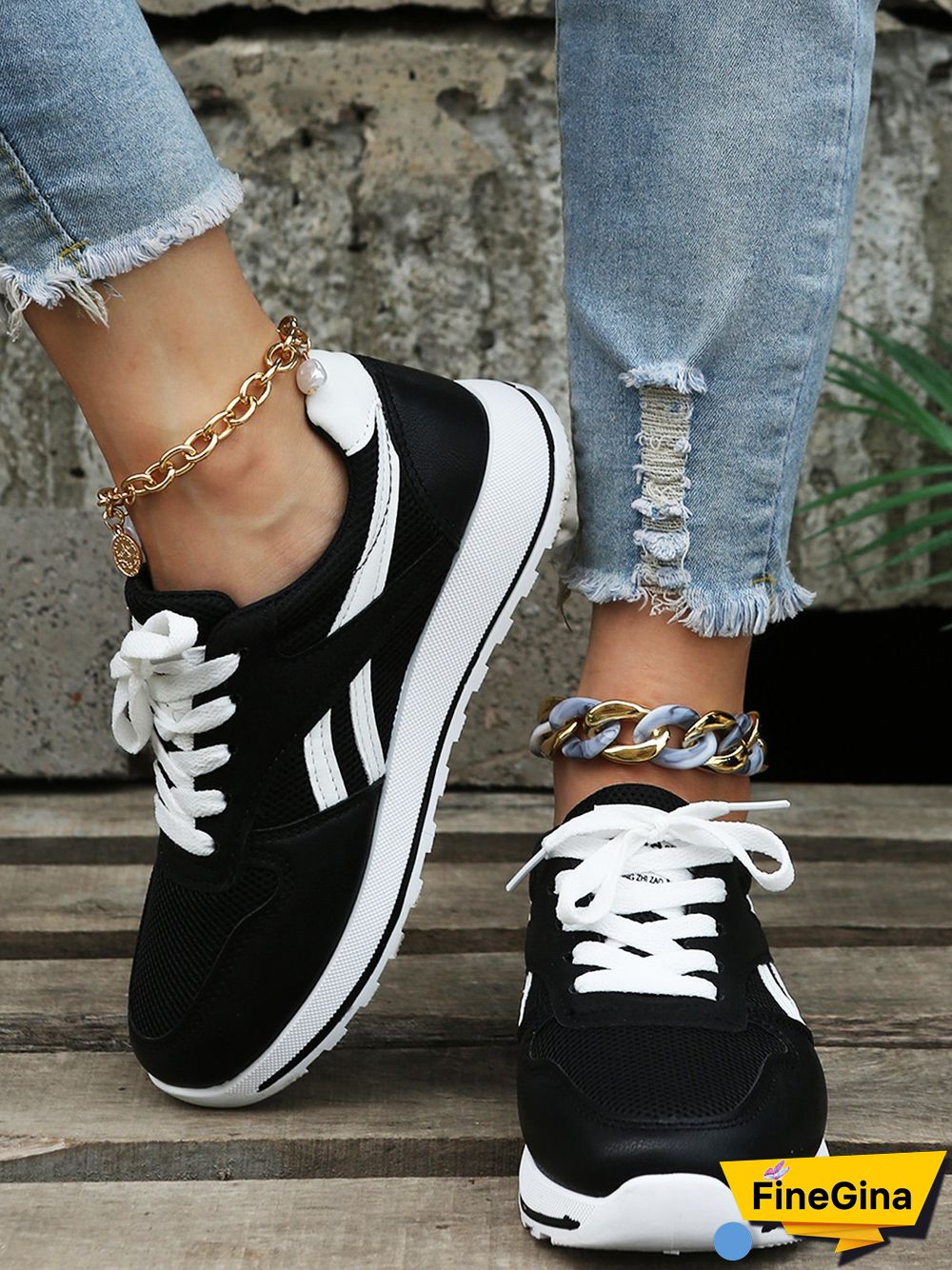 Color Block Sports All Season Split Joint Flat Heel Round Toe Fabric Fabric Lace-Up Sneakers for Women