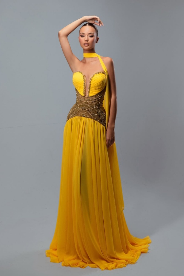 Miabel Charming Yellow Chiffon Beaded Sleeveless Sweetheart Prom Dress with Scarf  