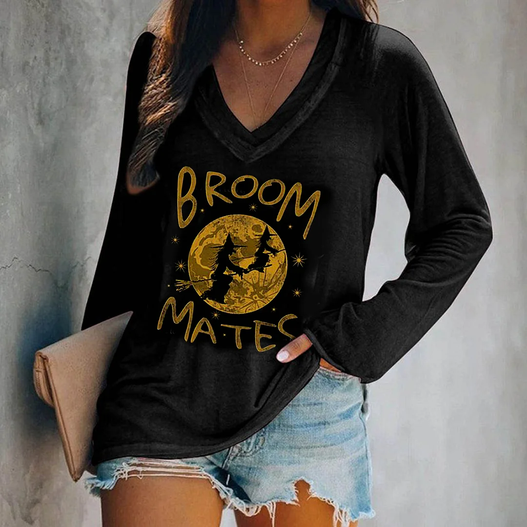 Broom Mates Two Witches Moon Print V-neck Long Sleeve Tee