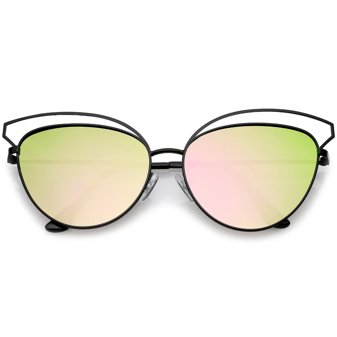 Women's Open Metal Frame Colored Mirror Oversize Cat Eye glasses 58mm