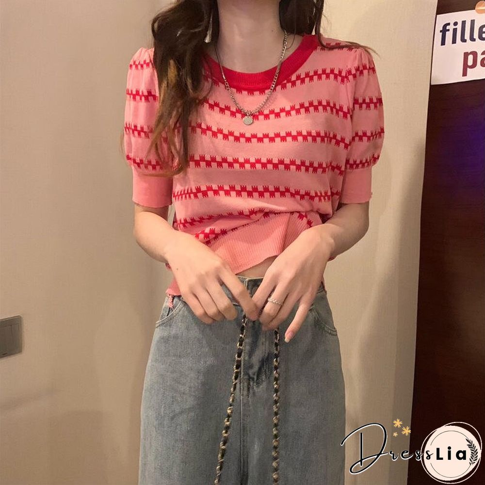 Summer New Korean Version Loose And Thin Design Striped Short-sleeved Knitted Shirt Women
