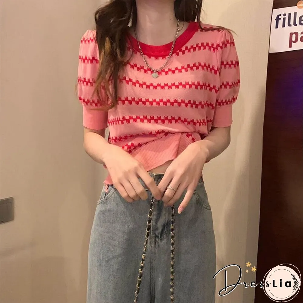 Summer New Korean Version Loose And Thin Design Striped Short-sleeved Knitted Shirt Women