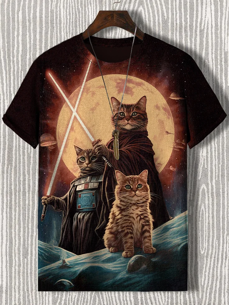 Men's Fantasy Cats Wars Print Casual T-Shirt