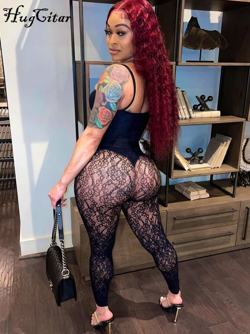 Hugcitar Women Slip Backless Long Black Body Slim Lace Jumpsuits 2021 Autumn Fashion Elegant Sexy Club Overalls Outfits