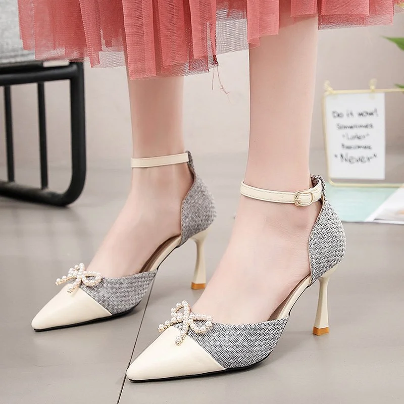 Women Sexy Pearl Bowknot Pumps 2022 New Ankle Strap Thin High Heels Party Shoes Woman Spring Summer Pointed Toe Sandals