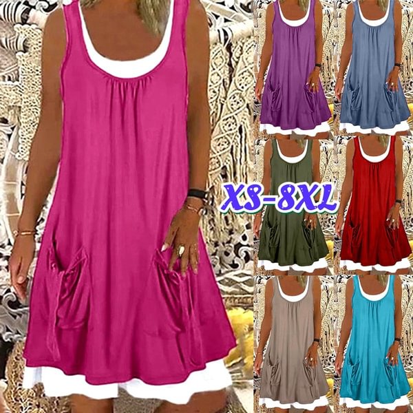 XS-8XL Plus Size Fashion Clothes Women's Casual Summer Dress Beach Wear Sleeveless Dresses with Pockets Ladies Off Shoulder Stiching Layered Party Dress O-neck Cotton Blending Loose Tank Top Dress - Shop Trendy Women's Fashion | TeeYours