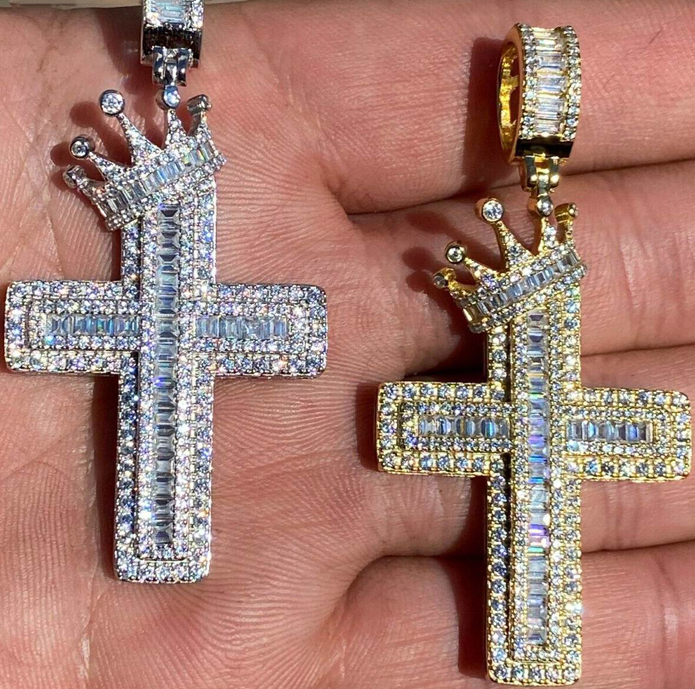 Hip Hop Iced Out Crown Cross Pendant Necklace-VESSFUL