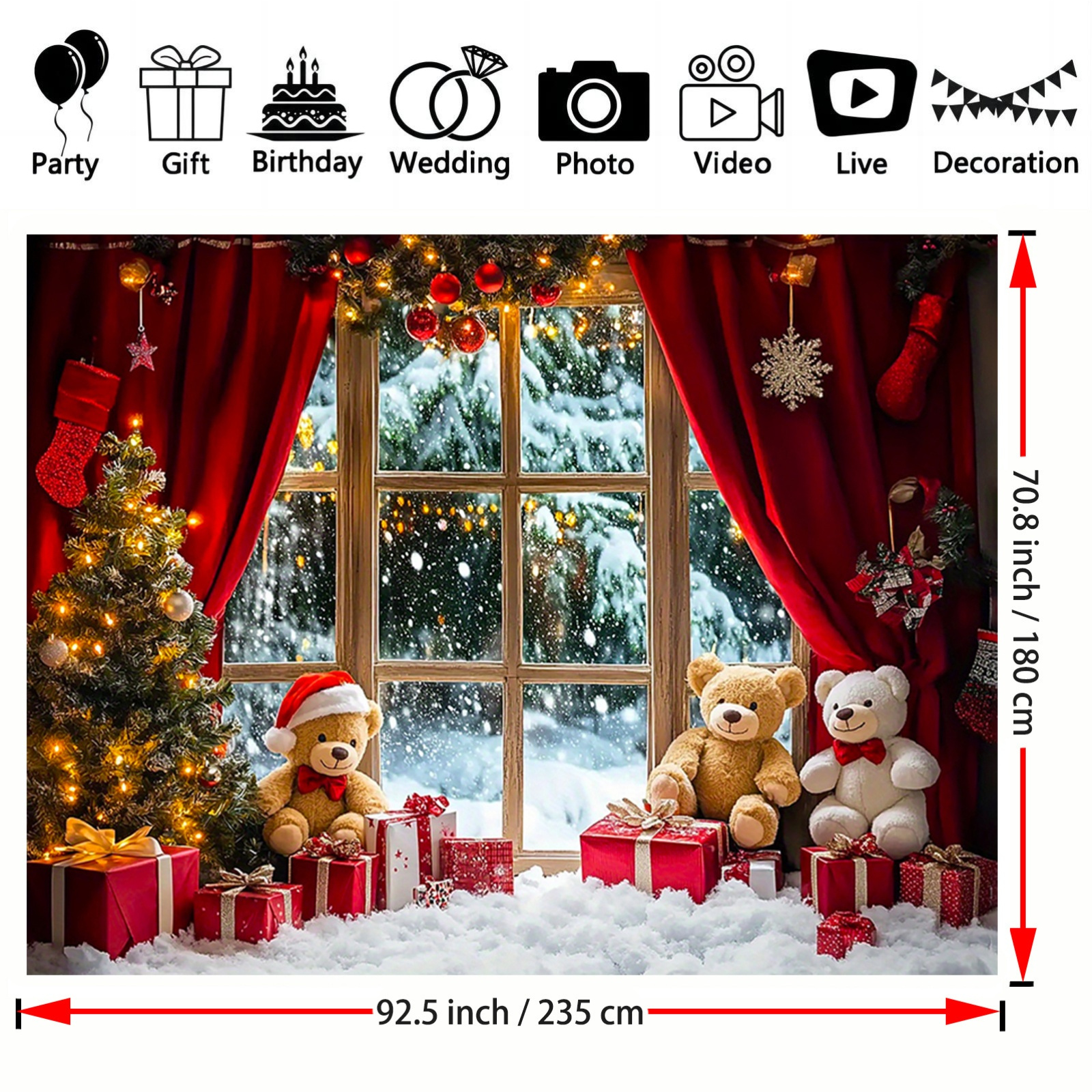 Tegooe Christmas Winter Snowy Window Photography Backdrop - Holiday Teddy Bear and Tree Photo Background Tegooe