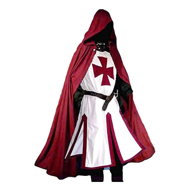 Aonga Halloween S-4XL Mens Medieval Crusader Knights Templar Tunic Costumes Renaissance Halloween Surcoat Warrior Black Plague Cloak Cosplay Top