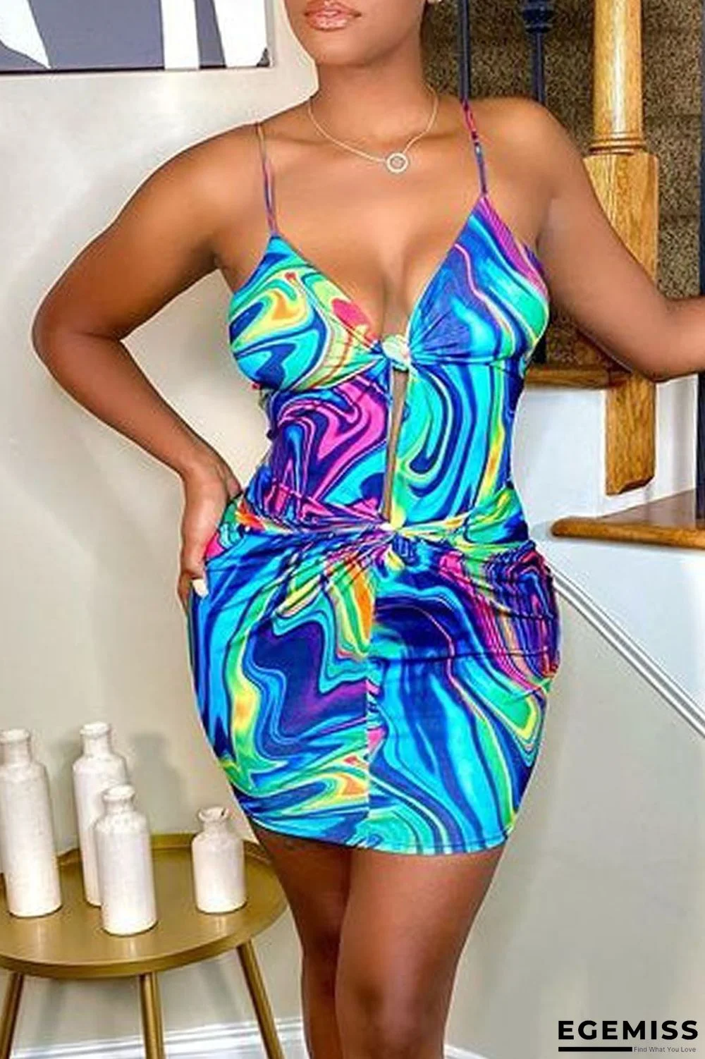 Blue Sexy Print Hollowed Out Patchwork Knotted Spaghetti Strap A Line Dresses | EGEMISS