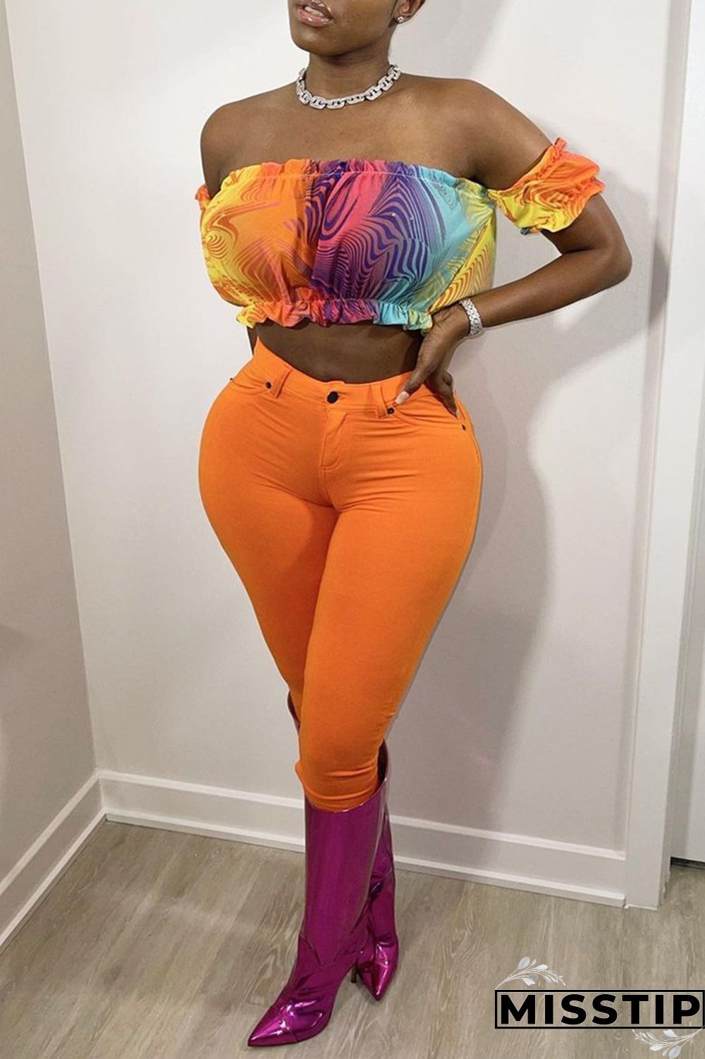 Colour Sexy Casual Print Tie Dye Backless Off the Shoulder Tops