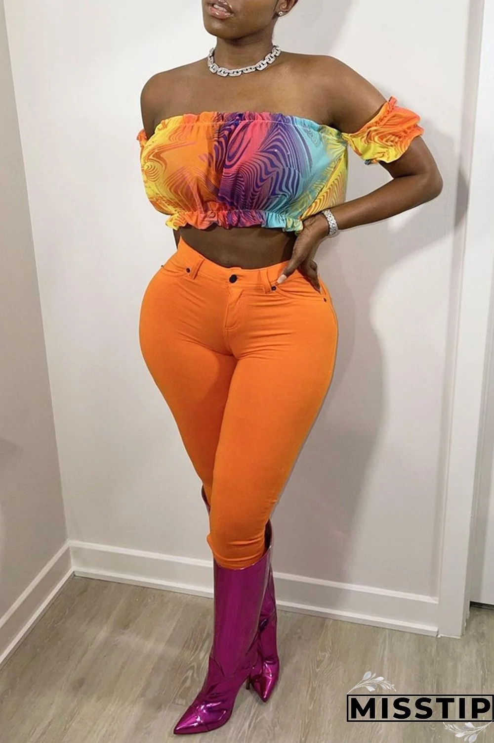 Colour Sexy Casual Print Tie Dye Backless Off the Shoulder Tops