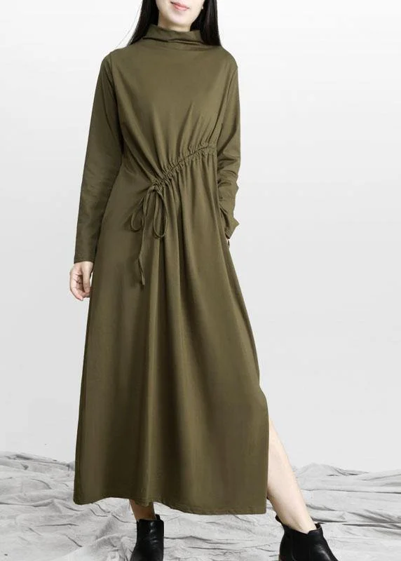 Comfy Army Green Drawstring Asymmetrical Design Side Open Dress Fall