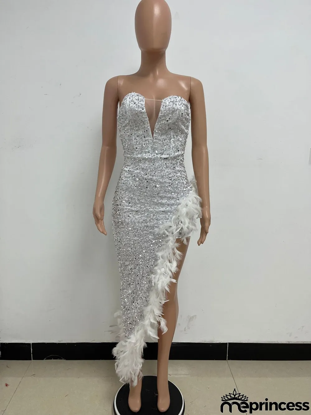 Women Sexy Off Shoulder Backless Sequin Feather Dress