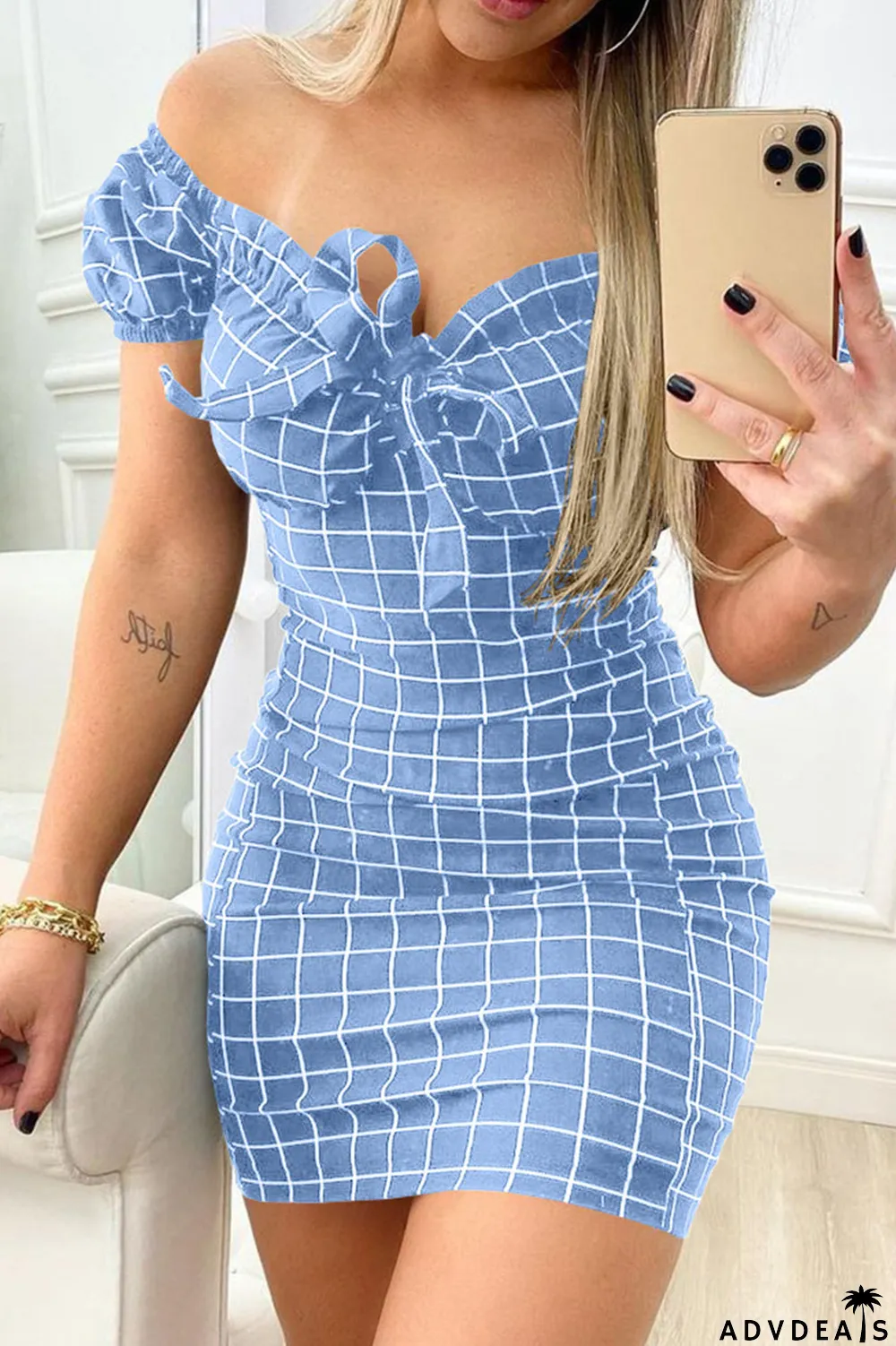 Black Fashion Casual Plaid Print Frenulum V Neck Short Sleeve Dress