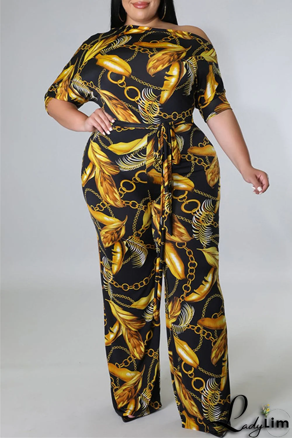 Gold Fashion Casual Print Bandage Oblique Collar Plus Size Jumpsuits